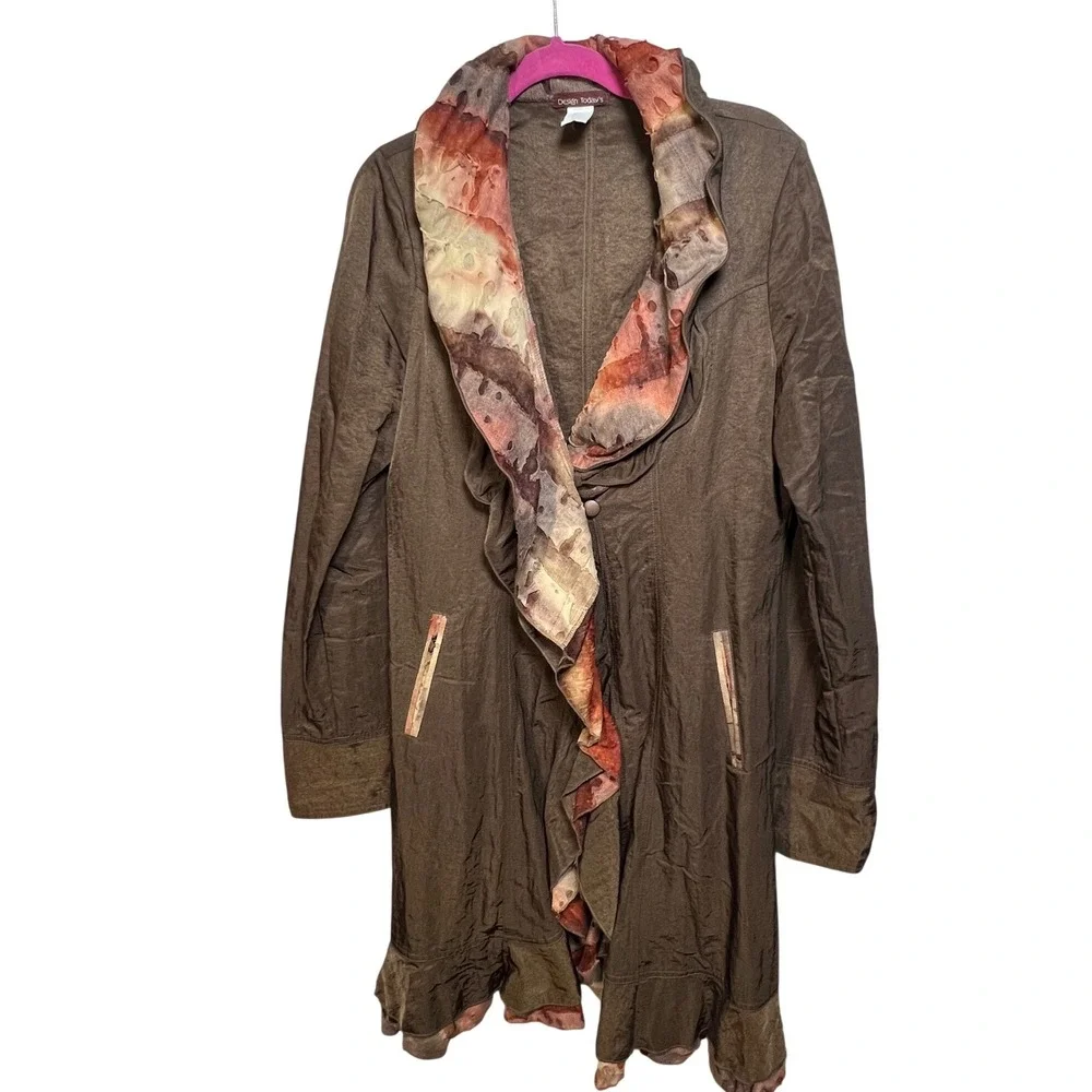 Design Todays Brown Crinkle Nylon Ruffle Duster Coat Jacket XL Art to Wear USA